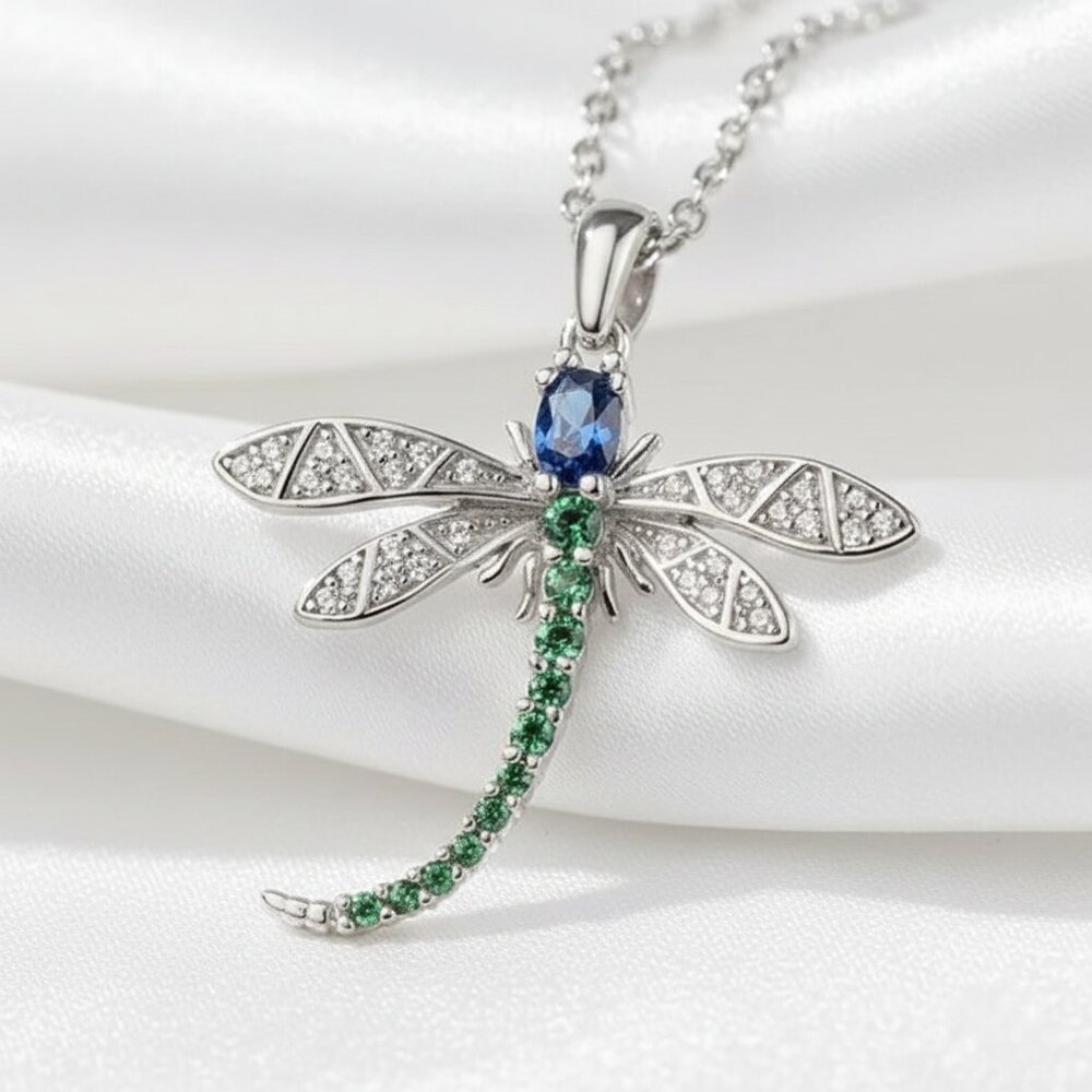 Dragonfly Insect Blue Green Clear CZ Silver Sparkly Fashion Pendant Necklace